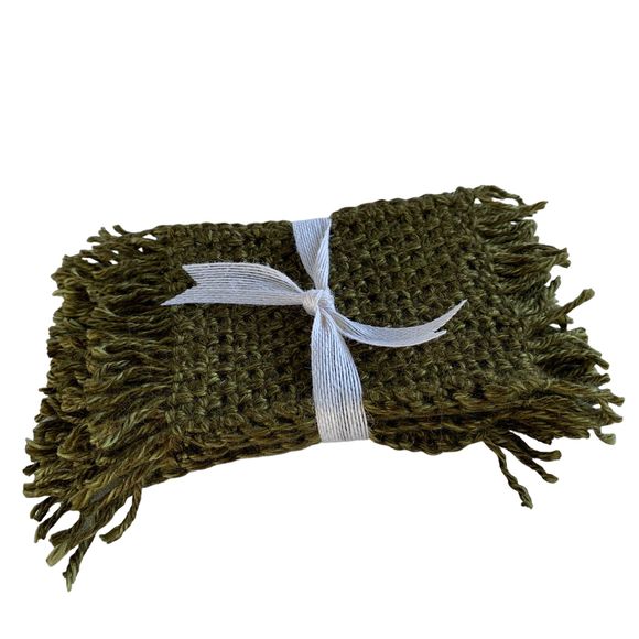 Mug Rugs Coasters Handmade Crochet Variegated Green Fringe Vinyl Back Set of 4 - Picture 10 of 11